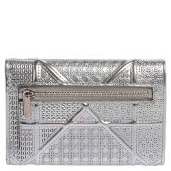 Pre Owned Dior Metallic Silver Micro Cannage Leather Diorama Trifold Wallet