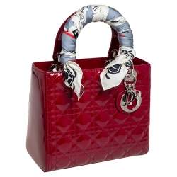 Pre Owned حقيبة يد توتس ديور ليدي ديور جلد لامع كاناج أحمر متوسطة