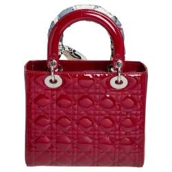 Pre Owned حقيبة يد توتس ديور ليدي ديور جلد لامع كاناج أحمر متوسطة