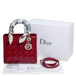 Pre Owned حقيبة يد توتس ديور ليدي ديور جلد لامع كاناج أحمر متوسطة