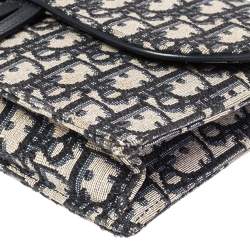 Pre Owned Dior Navy Blue/Beige Oblique Canvas Saddle Chain Pouch