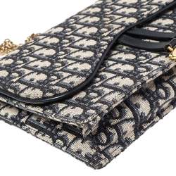 Pre Owned Dior Navy Blue/Beige Oblique Canvas Saddle Chain Pouch