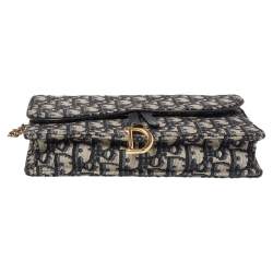Pre Owned Dior Navy Blue/Beige Oblique Canvas Saddle Chain Pouch