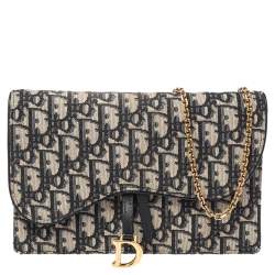 Pre Owned Dior Navy Blue/Beige Oblique Canvas Saddle Chain Pouch