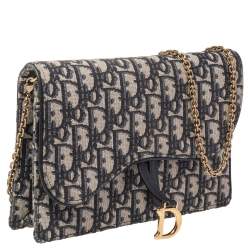Pre Owned Dior Navy Blue/Beige Oblique Canvas Saddle Chain Pouch
