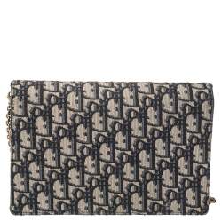 Pre Owned Dior Navy Blue/Beige Oblique Canvas Saddle Chain Pouch