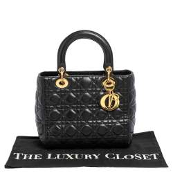 مملوكة مسبقًا حقيبة يد توتس ديور ليدي ديور جلد كاناج أسود متوسطة 