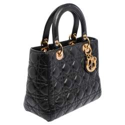 مملوكة مسبقًا حقيبة يد توتس ديور ليدي ديور جلد كاناج أسود متوسطة 