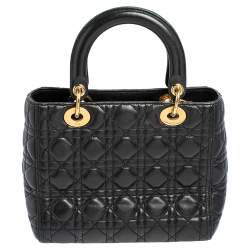 مملوكة مسبقًا حقيبة يد توتس ديور ليدي ديور جلد كاناج أسود متوسطة 