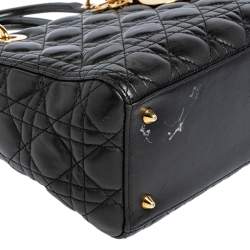 مملوكة مسبقًا حقيبة يد توتس ديور ليدي ديور جلد كاناج أسود متوسطة 