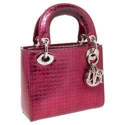 Dior Metallic Hot Pink Micro Cannage Leather Mini Lady Dior Tote