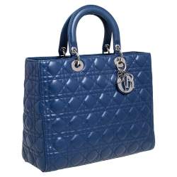 Pre Owned Dior Blue Cannage Leather Large Lady Dior Tote