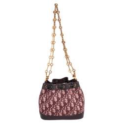 Pre Owned Dior Burgundy Oblique Canvas and Leather Drawstring Chain Bucket Bag