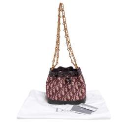 Pre Owned Dior Burgundy Oblique Canvas and Leather Drawstring Chain Bucket Bag