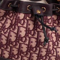 Pre Owned Dior Burgundy Oblique Canvas and Leather Drawstring Chain Bucket Bag