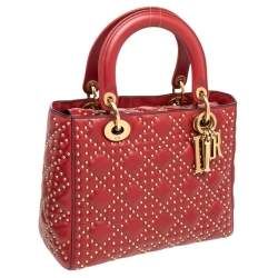 Pre Owned حقيبة يد توتس ديور سابل ليدي ديور جلد أحمر داكن مرصعة متوسطة 