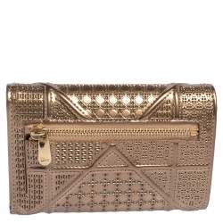 Pre Owned Dior Metallic Gold Micro Cannage Leather Diorama Trifold Wallet