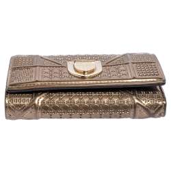 Pre Owned Dior Metallic Gold Micro Cannage Leather Diorama Trifold Wallet
