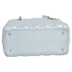 Pre Owned Dior Light Blue Cannage Shimmery Leather Medium Lady Dior Tote