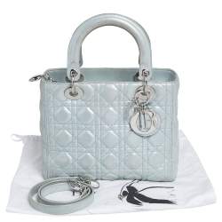 Pre Owned Dior Light Blue Cannage Shimmery Leather Medium Lady Dior Tote