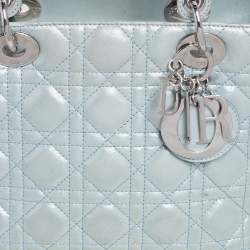Pre Owned Dior Light Blue Cannage Shimmery Leather Medium Lady Dior Tote