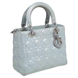 Pre Owned Dior Light Blue Cannage Shimmery Leather Medium Lady Dior Tote