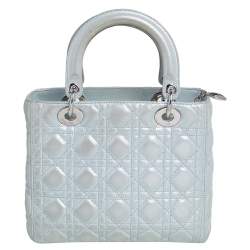Pre Owned Dior Light Blue Cannage Shimmery Leather Medium Lady Dior Tote