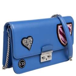 Pre Owned Dior Blue Leather Large Miss Dior Heart Badges Promenade Chain Clutch