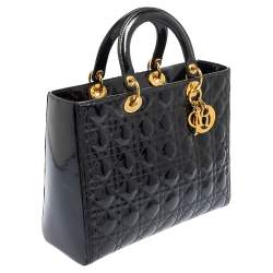 Pre Owned Dior Black Cannage Quilted Patent Leather Large Lady Dior Tote