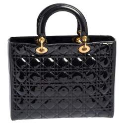 Pre Owned Dior Black Cannage Quilted Patent Leather Large Lady Dior Tote