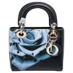 مملوكة مسبقًا Dior Dark Blue Flower Print Leather Mini Lady Dior Tote