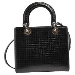 Dior Black Microcannage Patent Leather Medium Lady Dior Tote