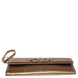 Pre Owned Dior Metallic Gold Grained Leather CD Logo Wristlet Clutch