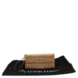 Pre Owned Dior Metallic Gold Grained Leather CD Logo Wristlet Clutch