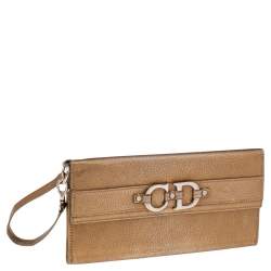 Pre Owned Dior Metallic Gold Grained Leather CD Logo Wristlet Clutch
