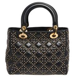 Pre Owned حقيبة يد ديور سابل ليدي ديور جلد أسود مرصعة متوسطة 