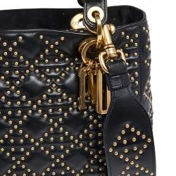 Pre Owned حقيبة يد ديور سابل ليدي ديور جلد أسود مرصعة متوسطة 