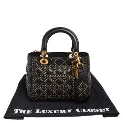 Pre Owned حقيبة يد ديور سابل ليدي ديور جلد أسود مرصعة متوسطة 