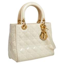 مملوكة مسبقًا حقيبة يد توتس ديور ليدي ديور جلد كاناج كريمي لامع متوسطة 