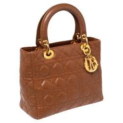 Pre Owned Dior Brown Cannage Quilted Leather Medium Lady Dior Tote