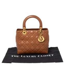 Pre Owned Dior Brown Cannage Quilted Leather Medium Lady Dior Tote