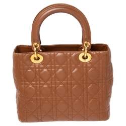 Pre Owned Dior Brown Cannage Quilted Leather Medium Lady Dior Tote