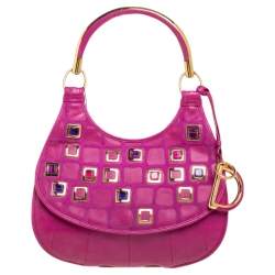 Pre Owned Dior Pink Leather 61 Bejeweled Hobo 