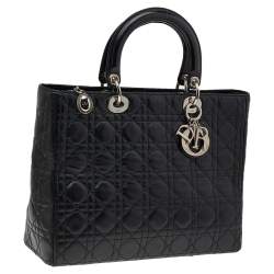 مملوكة مسبقًا حقيبة يد توتس ديور ليدى كبيرة جلد كاناج أسود 