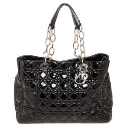 مملوكة مسبقًا حقيبة يد توتس ديور ليدي ديور شوبر جلد لامع ناعم كاناج أسود