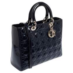Pre Owned Dior Midnight Blue Cannage Patent Leather Large Lady Dior Tote
