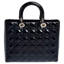 Pre Owned Dior Midnight Blue Cannage Patent Leather Large Lady Dior Tote