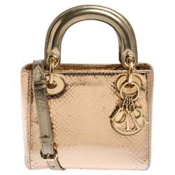 Pre Owned Dior Gold Snakeskin Mini Lady Dior Tote