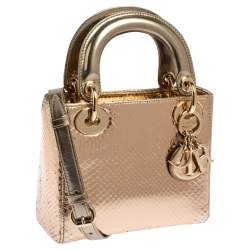 Pre Owned Dior Gold Snakeskin Mini Lady Dior Tote