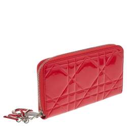 Pre Owned Dior Red Cannage Patent Leather Lady Dior Zip Around Wallet